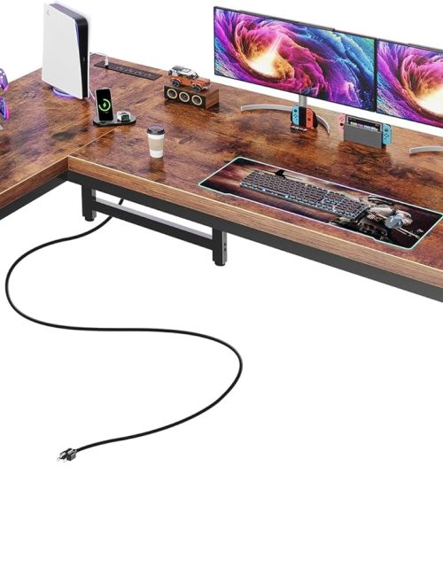 Huuger 63 Inch L Shaped Desk with Power Outlets and USB-C Port, 0.95 Inch Thicker Desktop, Reversible Computer Desk, Larger Office Corner Gaming Desk, Metal Frame, for Home Office, Study, Rustic Brown