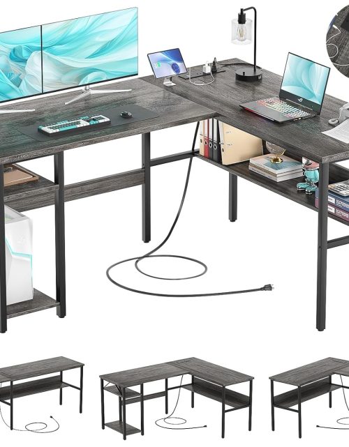 Reversible L Shaped Gaming Desk with Power Outlets and USB Charging Ports, Sturdy Computer Desk with Storage Shelf, Modern Corner Desk Home Office Table, Easy to Assemble, Gray Oak